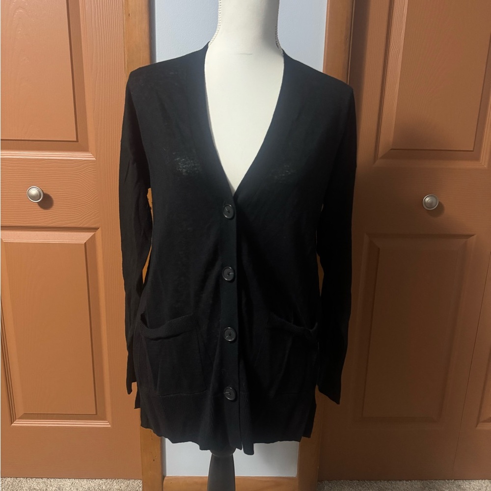 LOFT Black V-Neck Button Front Cardigan